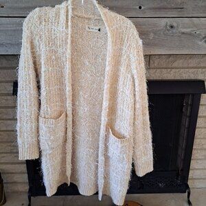 Faith + Linen Women's Small Medium Beige Open Front Cardigan Sweater Long Pocket